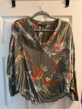 Mi Olive Green Floral V-Neck Blouse with Rust & Cream Details
